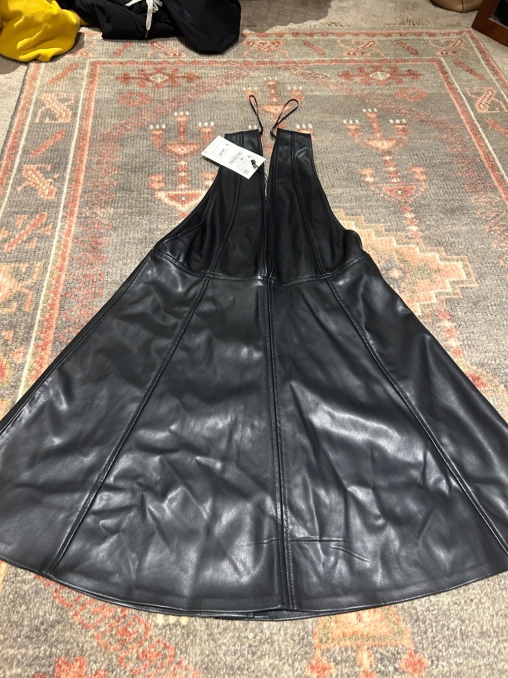 Zara Black Faux Leather Mini Pinafore Dress with Gold Buttons - Picture 5 of 5